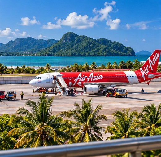 Illustrated tropical airport apron, palms and an aircraft