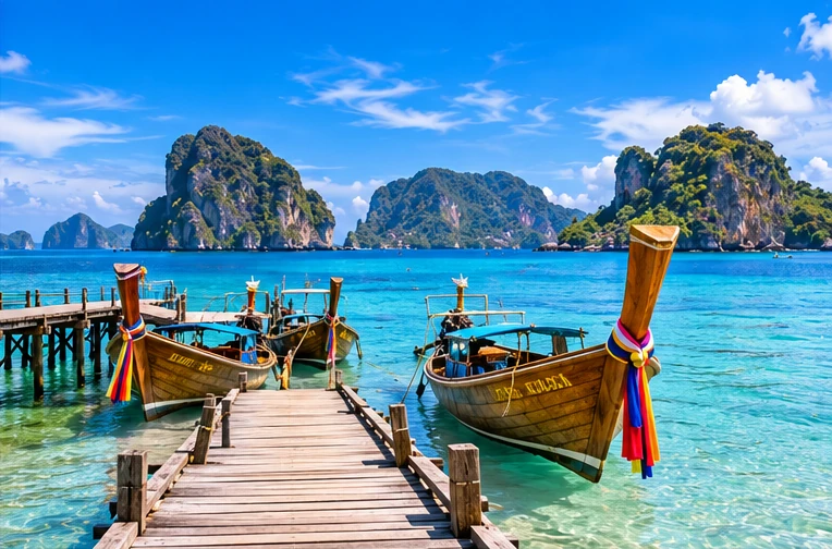 Original illustration of longtail boats beside a wooden pier