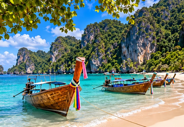 Original illustration of longtail boats beside an Andaman-style beach