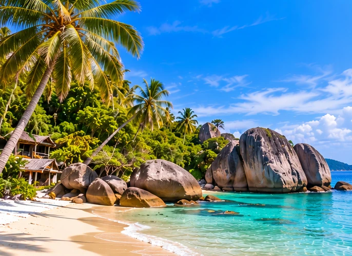 Illustration of a palm-lined tropical coast with granite rocks and clear water