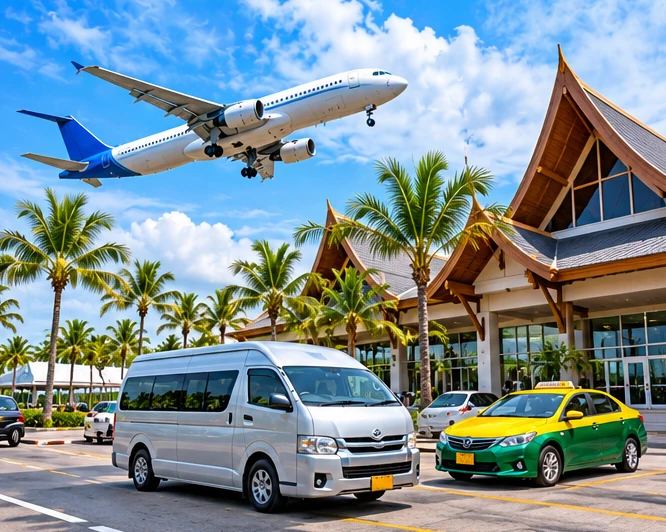 Illustration of a landscaped tropical airport-style arrival area