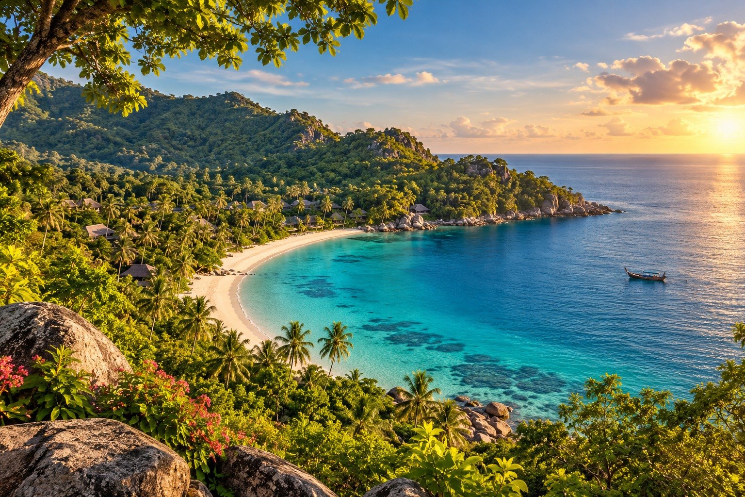 Original Phangan-inspired illustration of a forest-backed tropical bay viewed from a leafy hillside.