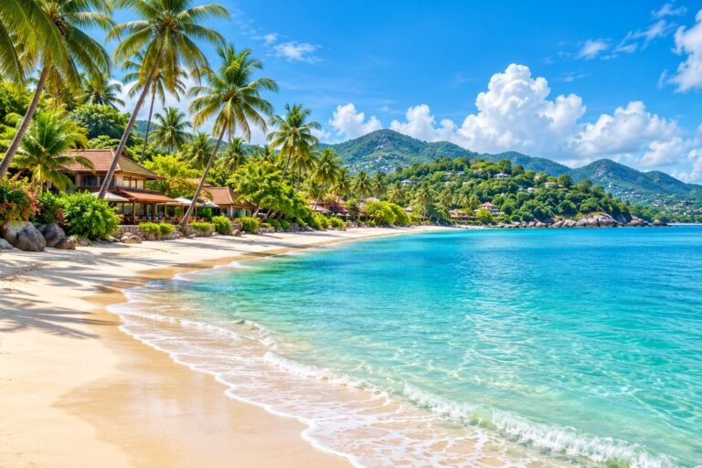Original Samui-inspired illustration of a palm-lined beach with discreet resort buildings and turquoise water.