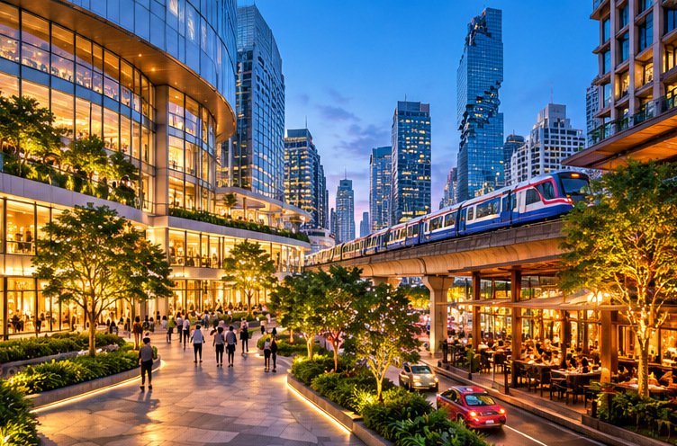 Original conceptual illustration of Bangkok shopping buildings, an elevated train and restaurant streets at blue hour