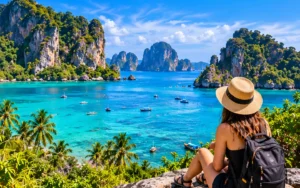 Original illustration of a traveller looking across a tropical limestone coastline