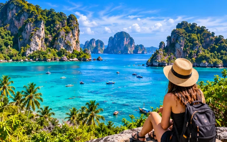 Original illustration of a traveller looking across a tropical limestone coastline