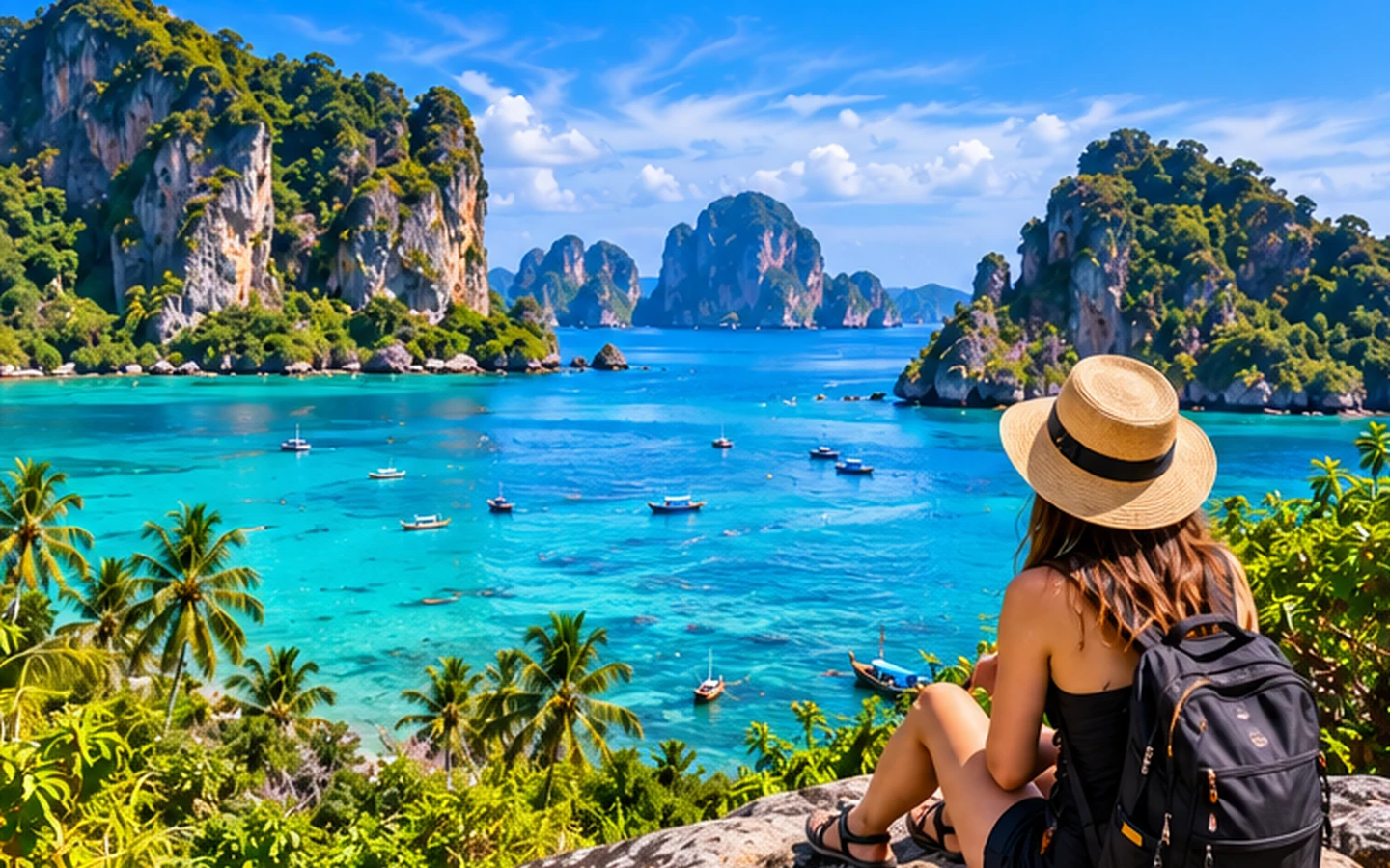 Original illustration of a traveller looking across a tropical limestone coastline