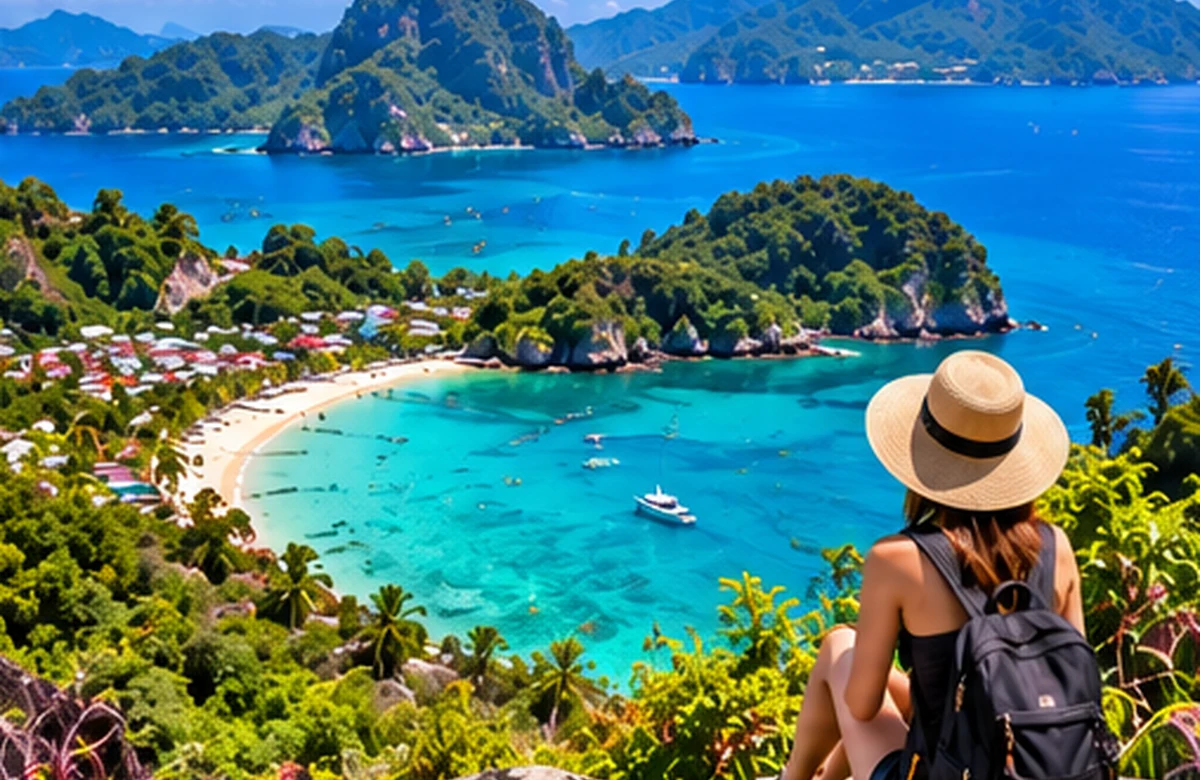 Original illustration of a traveller looking across a tropical limestone coastline