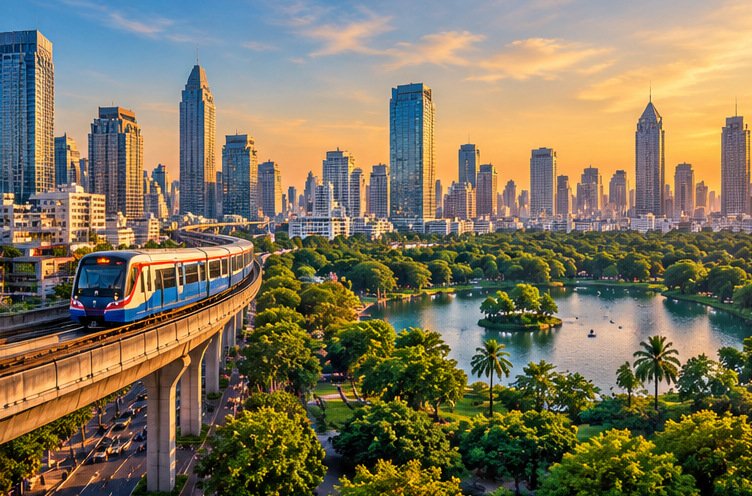 Original conceptual Bangkok city illustration contrasting elevated rail and a green park-side skyline