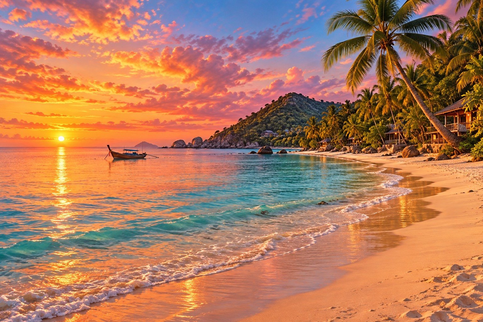 Original illustration inspired by Koh Tao’s west coast, with a long beach, palms and sunset light over the water.
