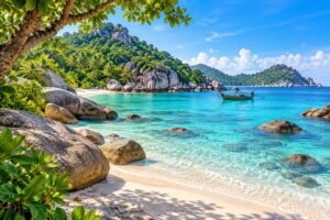 Original illustration inspired by Koh Tao, showing granite boulders, sand and clear water in a tropical cove.