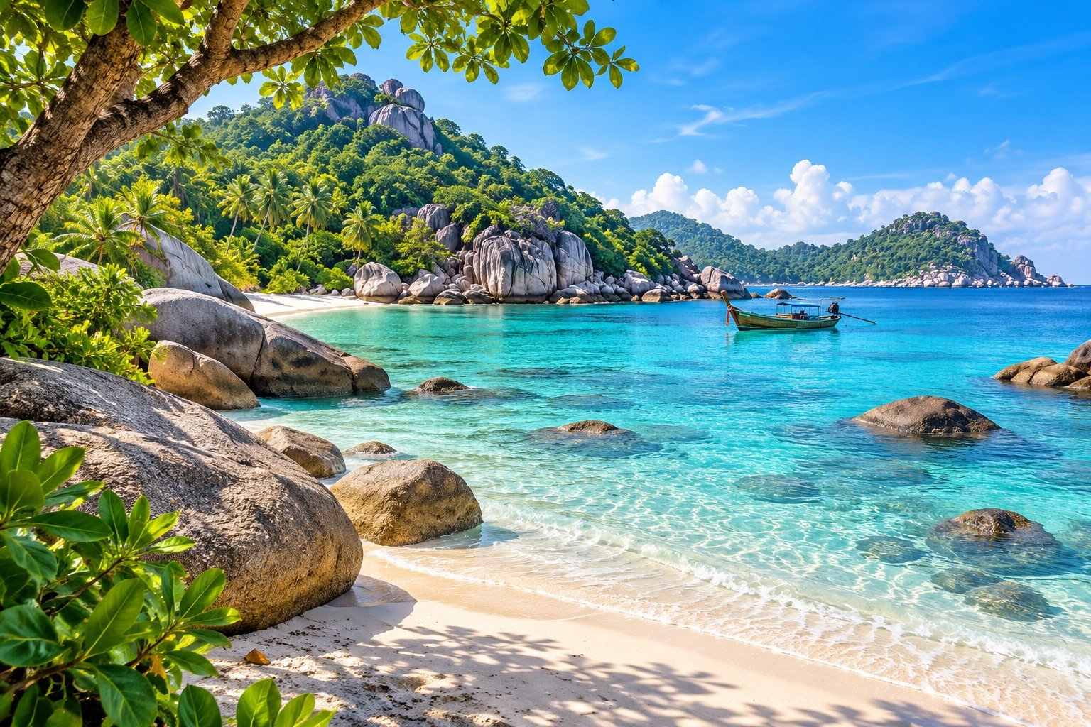 Original illustration inspired by Koh Tao, showing granite boulders, sand and clear water in a tropical cove.