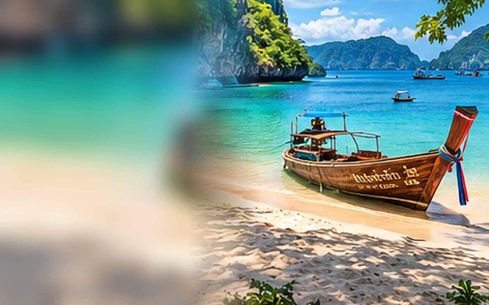 Original illustration of a Thai limestone bay and a boat beside the shore