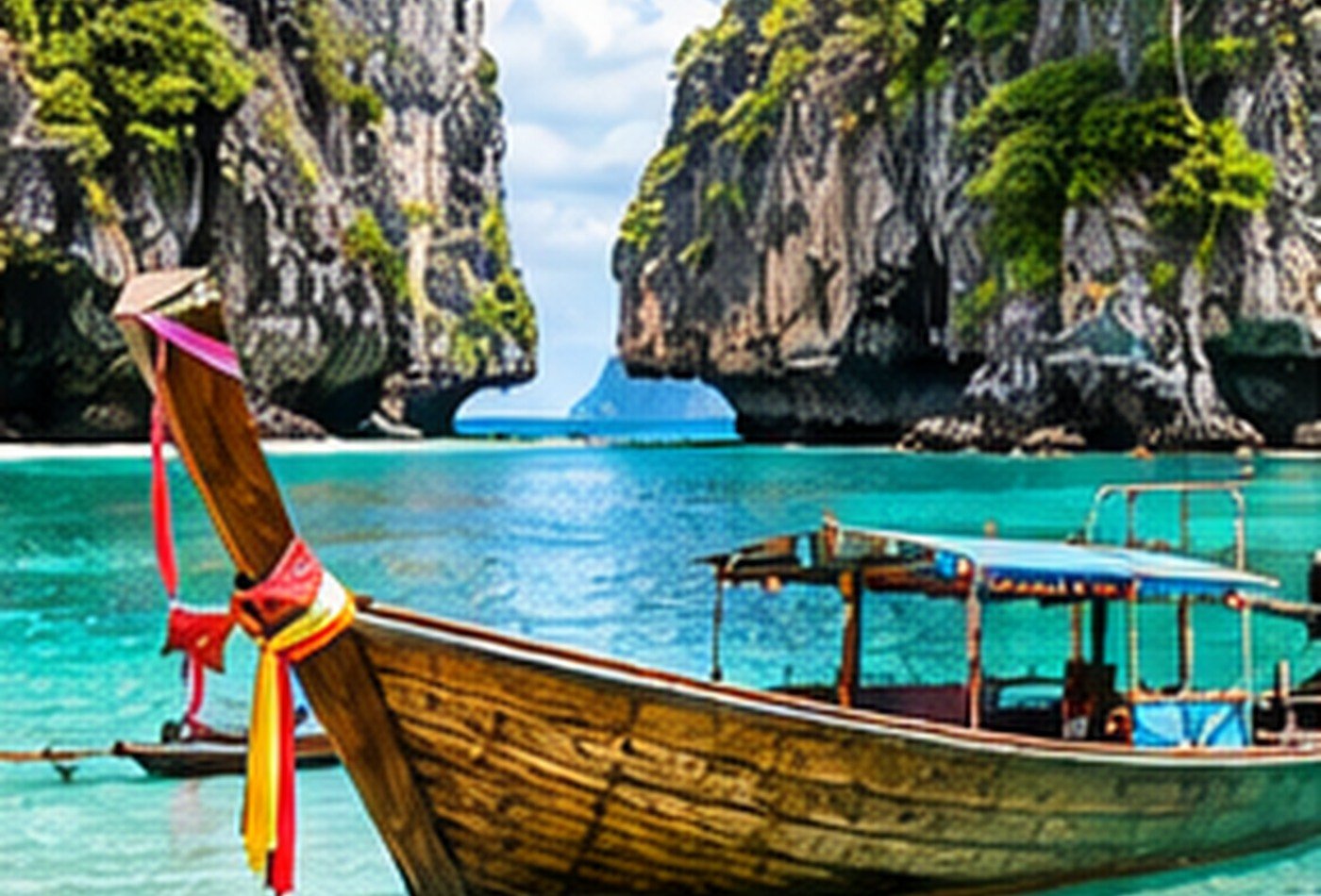 Original southern Thai coastal illustration with a long-tail boat and limestone scenery