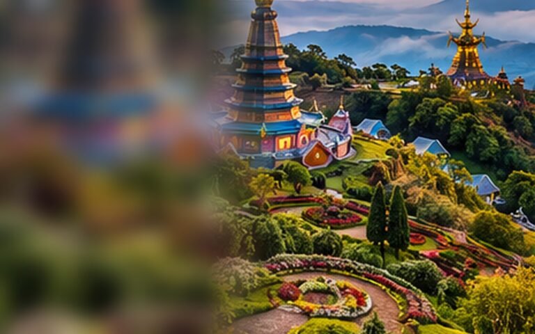 Original illustration inspired by northern Thai hilltop temples and gardens
