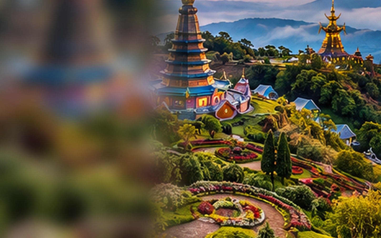 Original illustration inspired by northern Thai hilltop temples and gardens