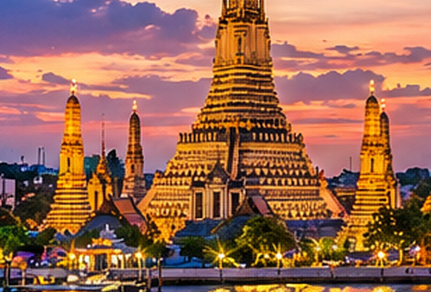 Original Bangkok-inspired illustration with a riverside temple at sunset