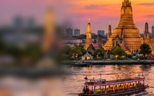 Original illustration inspired by Bangkok riverfront temples at dusk