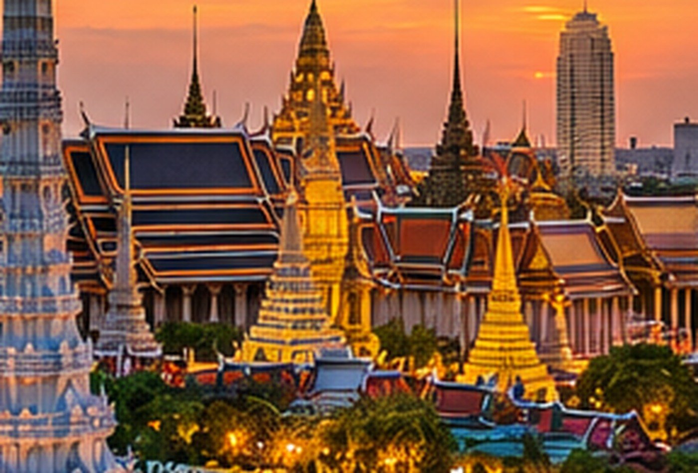 Original Bangkok-inspired illustration of a golden temple skyline at dusk