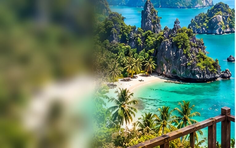 Original illustration of southern Thai islands, sea and a coastal viewpoint