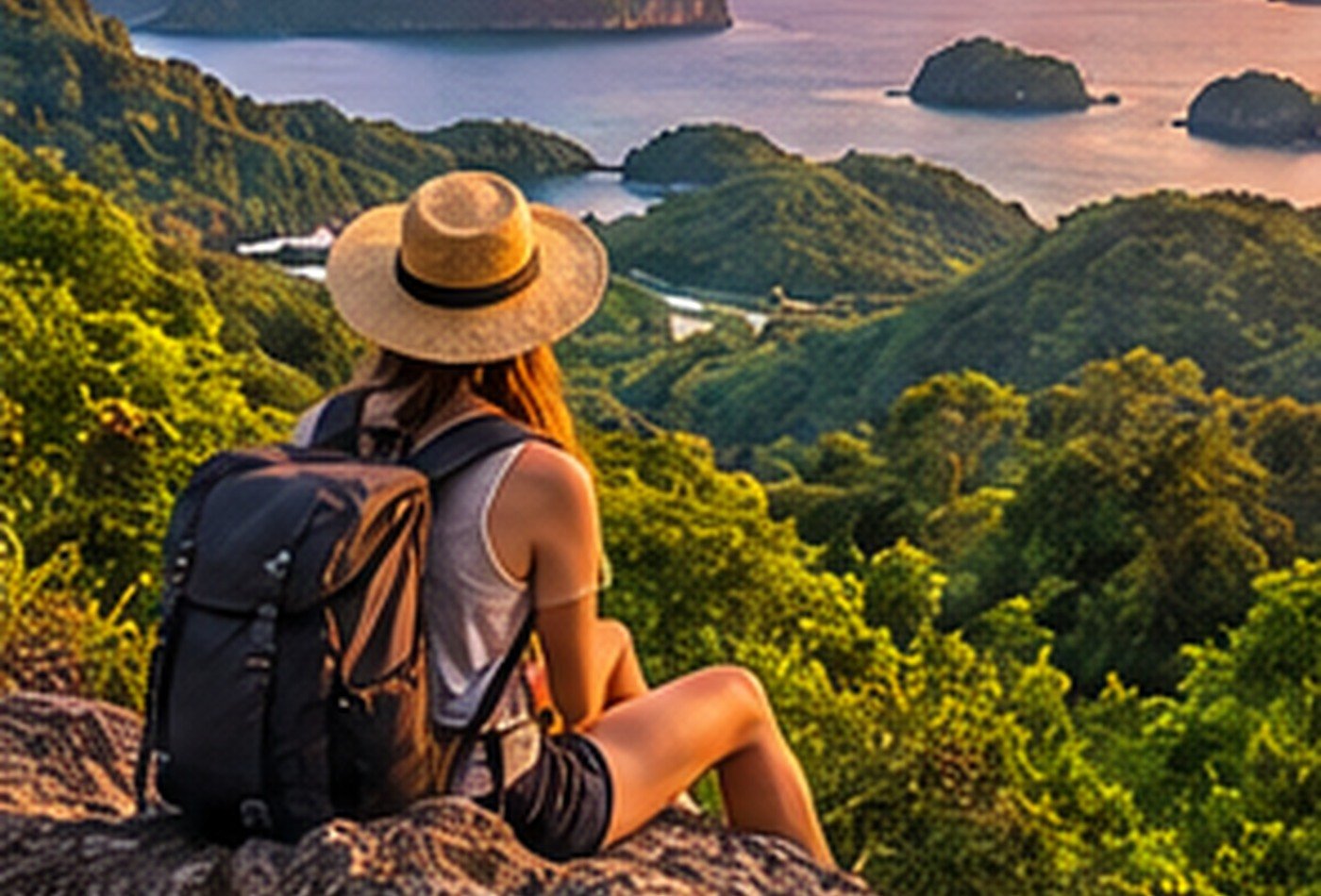 Original illustration of a traveller looking across an Andaman island landscape