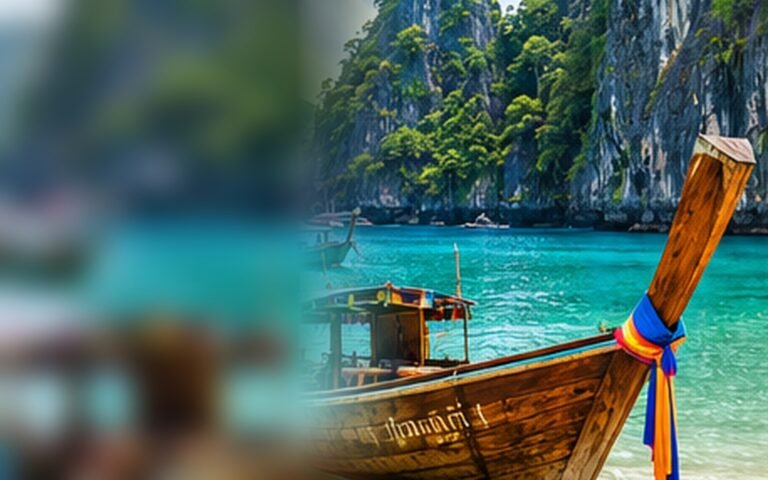 Original illustration of a long-tail boat beside an Andaman limestone bay