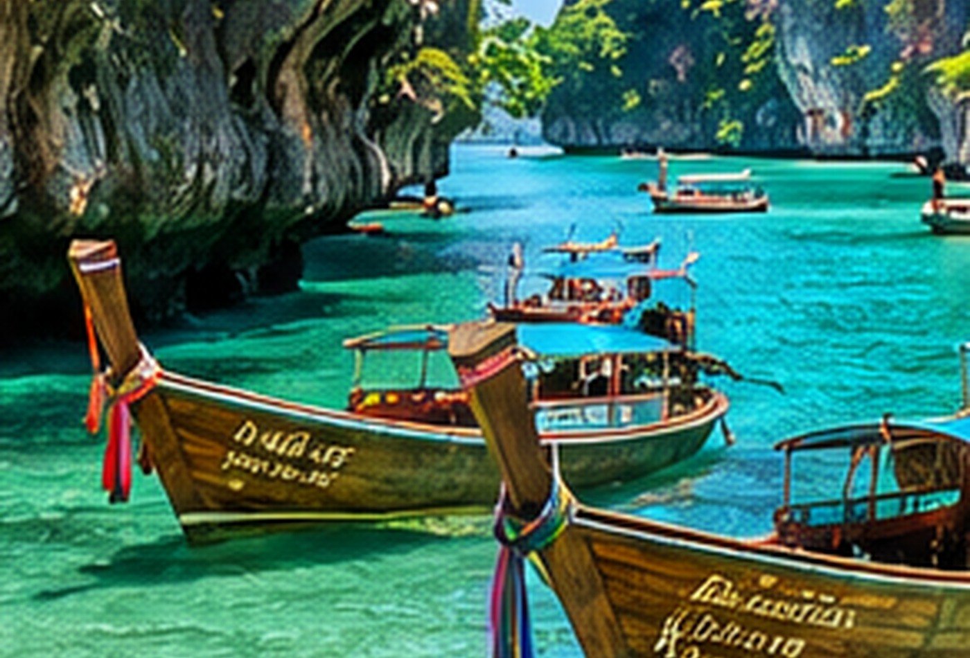 Original illustration of boats and limestone cliffs on the Krabi coast