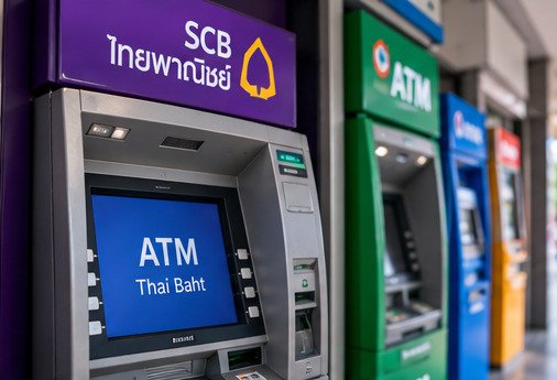 Concept illustration of bank cash machines in a Thai streetscape