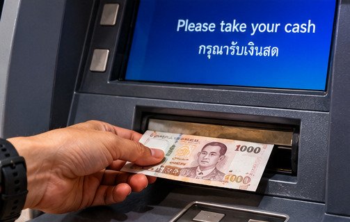 Concept illustration of cash being collected from an ATM