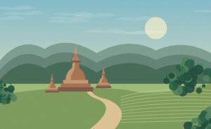 Original northern Thai-inspired illustration of an old temple, open footpath and green countryside