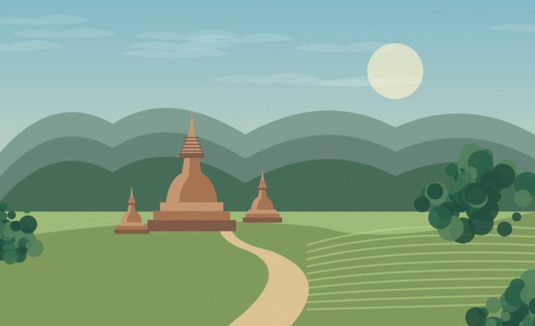 Original northern Thai-inspired illustration of an old temple, open footpath and green countryside