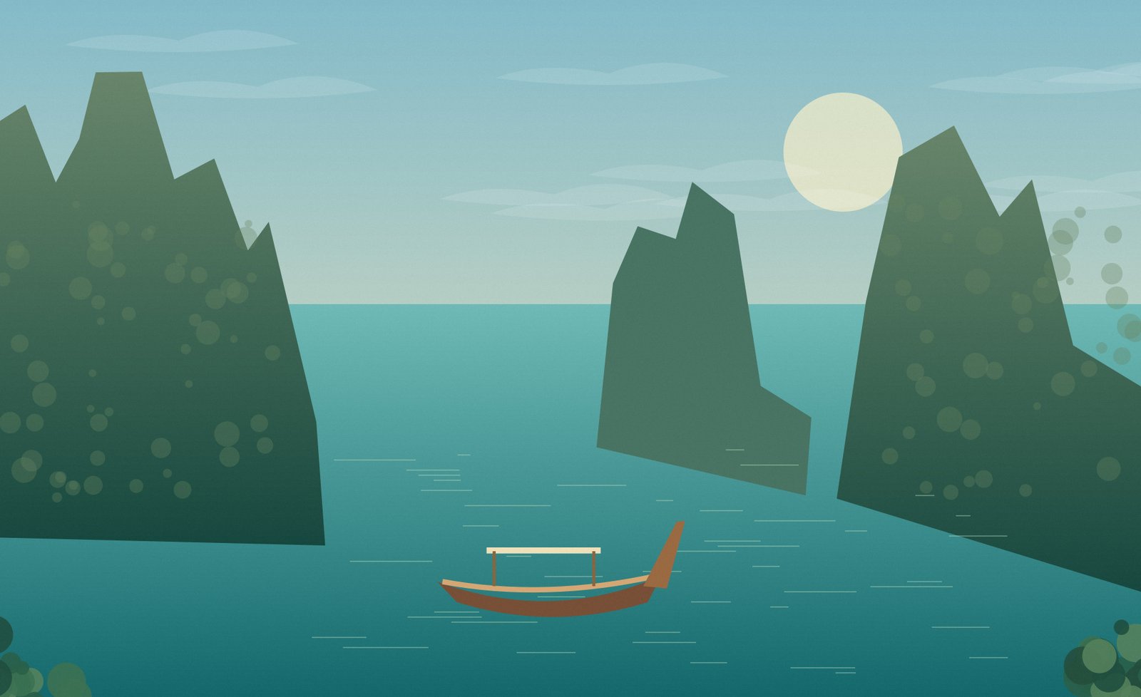 Original Khao Sok-inspired illustration of forested limestone hills beside a quiet lake