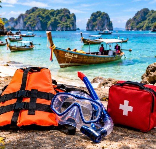 Conceptual life jacket and snorkelling equipment beside a Thai-inspired bay