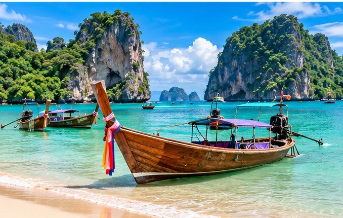 Illustrated long-tail boats in a limestone bay