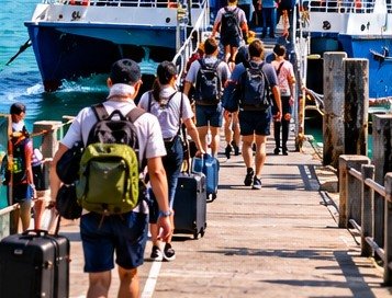 Conceptual passengers boarding a ferry along a narrow access ramp