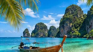 Conceptual illustration of an Andaman beach with limestone scenery and a long-tail boat.