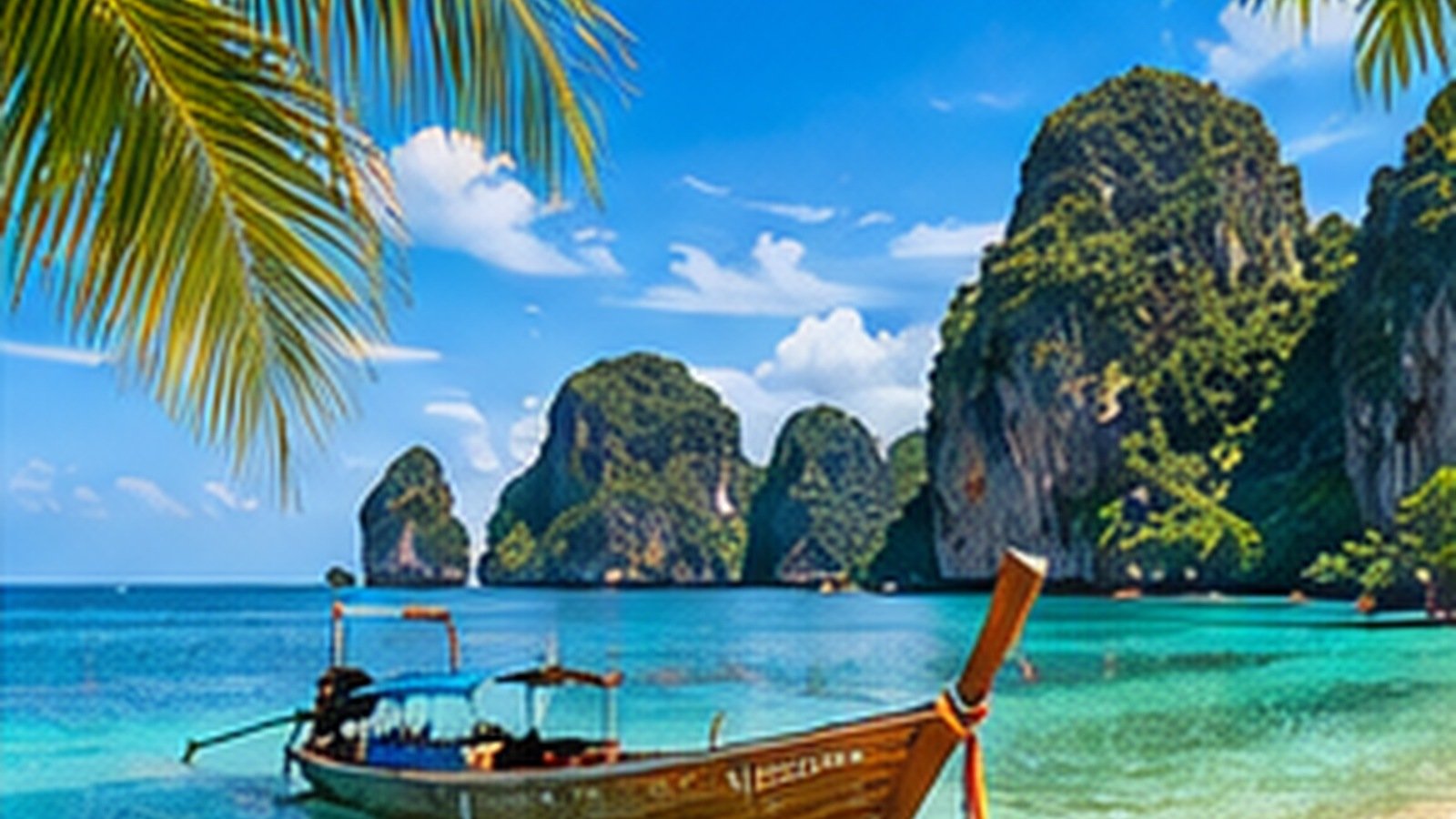Conceptual illustration of an Andaman beach with limestone scenery and a long-tail boat.