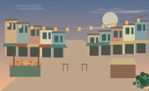 Original Thai street-scene illustration of modest shophouses and an evening food market