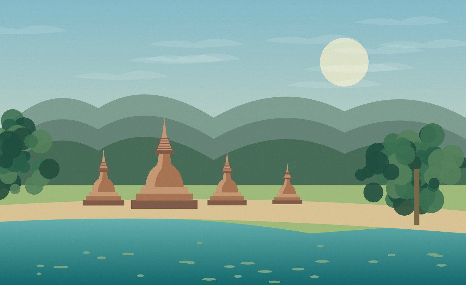 Original Ayutthaya-inspired scene illustration of brick temple ruins beside a quiet path