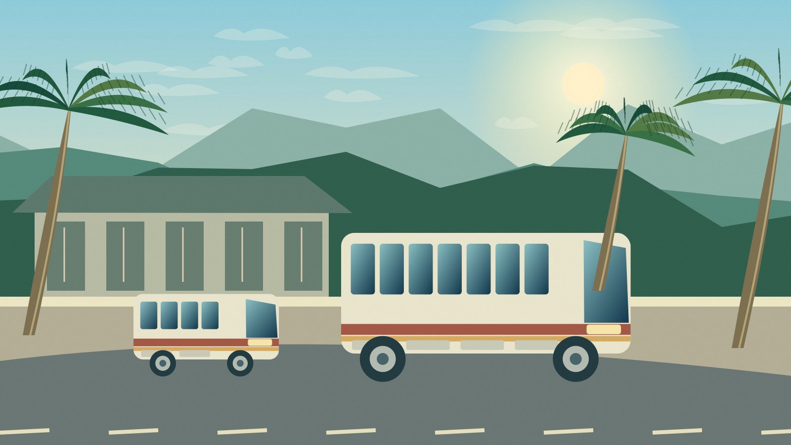 Original stylised regional terminal with a coach and shared minivan