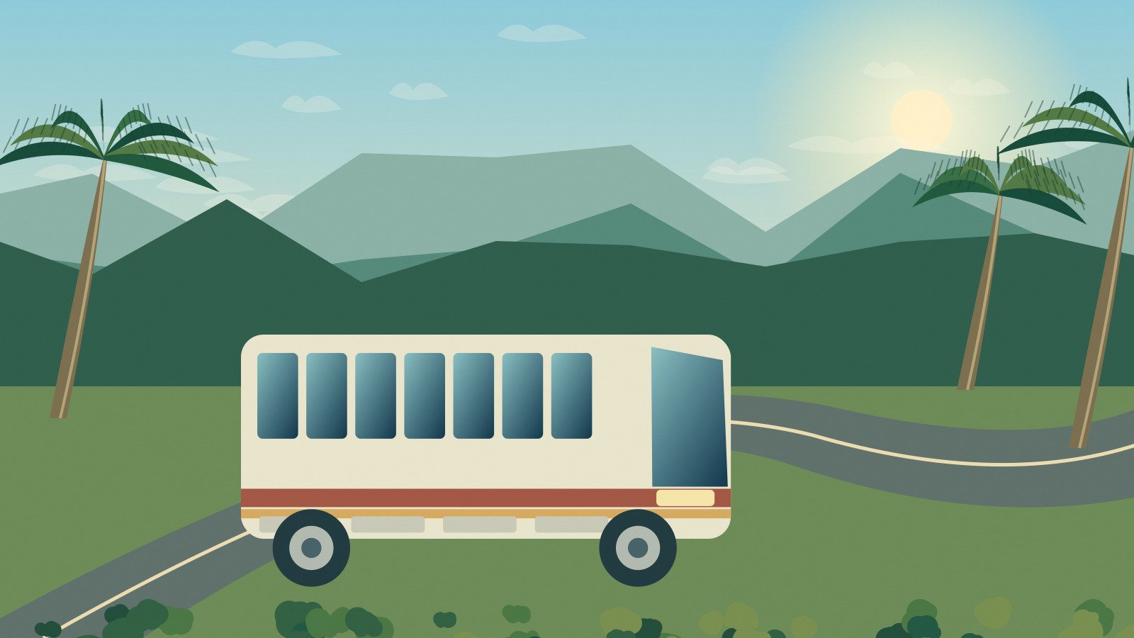 Original stylised coach travelling through a tropical rural landscape
