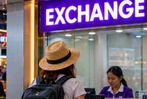 Concept illustration of a traveller at a currency-exchange counter