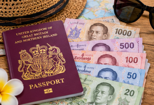 Concept still life of a British passport and illustrated Thai notes