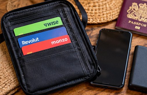 Concept illustration of a travel wallet containing payment cards