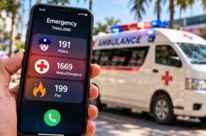 Conceptual emergency-contact phone beside an illustrated ambulance