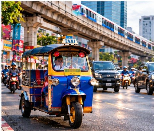 Illustrated Bangkok-style street and elevated railway