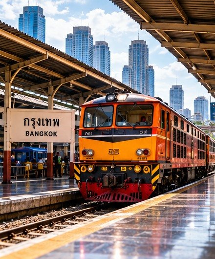 Conceptual train platform with a locomotive and city buildings