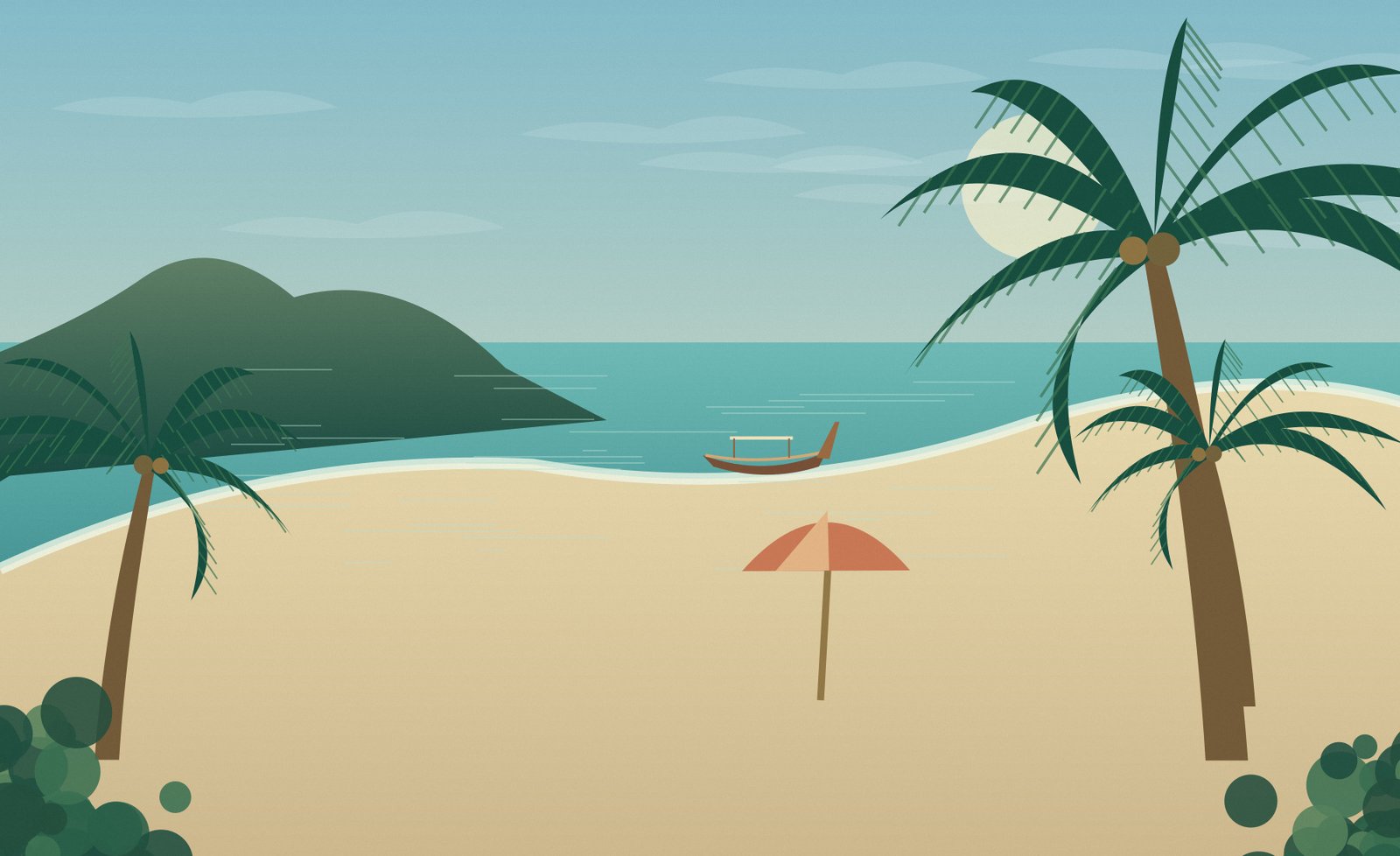 Original scene illustration of a palm-shaded Phuket-style beach and a quiet curving bay