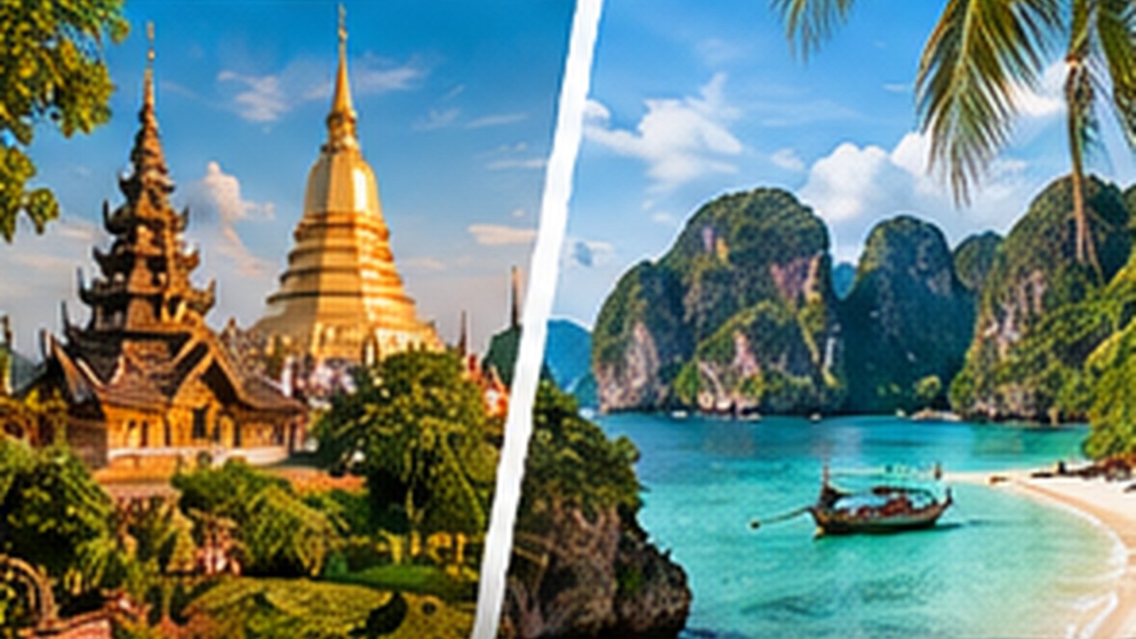 Conceptual split scene contrasting northern Thai temple scenery with a southern beach.