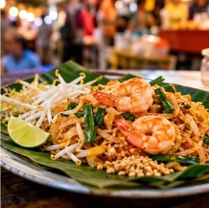 Illustrated Thai food stall with freshly prepared dishes
